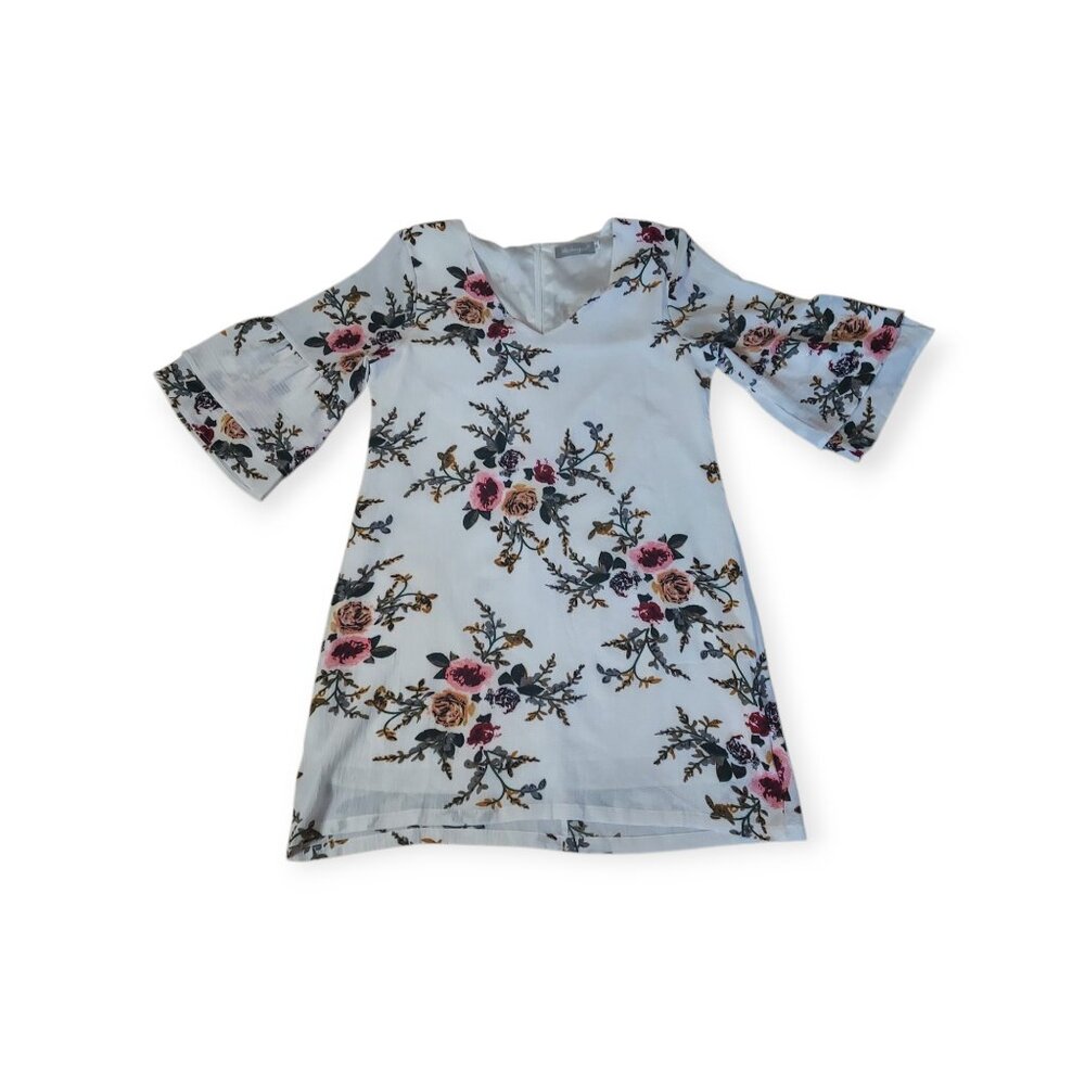 BELONGSCI Womens VNeck Bell Sleeve Spring Summer Lined Floral Shift Mini Dress M